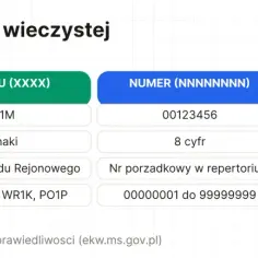 Gdzie jest numer księgi wieczystej w akcie notarialnym? Tabela pokazuje format numeru: kod sądu, numer i cyfra kontrolna.