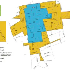 Mapa strefy płatnego parkowania w Łodzi z podziałem na podstrefy A, B i C. Kolory wskazują różne taryfy.