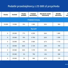 Tabela porównuje podatki przedsiębiorcy z 25 000 zł przychodu: podatek liniowy i różne stawki ryczałtu, pokazując koszty, dochód, podatek dochodowy i składkę zdrowotną.