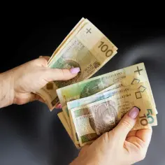 Dwie dłonie liczą polskie banknoty. Jedna trzyma 100 zł, druga 10 i 50 zł. Może to symbolizować odszkodowania wojenne dla spadkobierców.