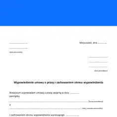 Formularz wypowiedzenia umowy o pracę przez pracownika. Dokument zawiera pola na dane pracownika i pracodawcy oraz treść oświadczenia o rozwiązaniu umowy.