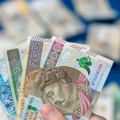 Dłoń trzyma polskie banknoty: 50, 100, 200 i 500 zł. To pieniądze na **aktywnie w domu dla kogo**?