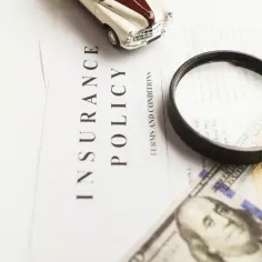 Model samochodu, lupa i pieniądze na dokumencie "Insurance Policy". Sprawdzam, czy podlegam obowiązkowi ubezpieczenia zdrowotnego.