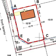 Plan działki z zaznaczonym budynkiem i wymiarami. Określa warunki zabudowy dla terenu oznaczonego literami A, B, C, D, E.