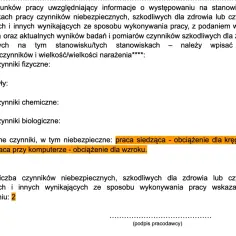 Skierowanie na badania medycyny pracy: opis czynników szkodliwych, w tym praca siedząca i przy komputerze.