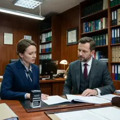 Para dowiedzieć się, ile kosztuje zniesienie rozdzielności majątkowej u notariusza, para konsultuje się z prawnikiem w gabinecie pełnym akt.