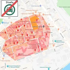 Mapa Krakowa z zaznaczoną strefą czystego transportu. Wskazuje, jakie auta mogą wjechać do centrum.