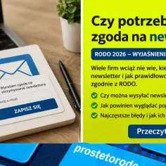 Formularz zapisu na newsletter z zaznaczoną zgodą, obok tekst o RODO i potrzebie zgody na newsletter.
