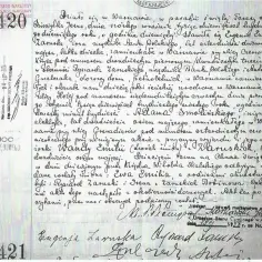 Fragment aktu urodzenia z pieczątką i numerem 420.
