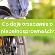 Osoba na wózku inwalidzkim, z zielonym banerem z napisem "Co daje orzeczenie o niepełnosprawności?".