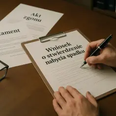 Dłoń pisze piórem na dokumencie "Wniosek o stwierdzenie nabycia spadku". Obok leżą okulary i dokumenty "Testament" i "Akt zgonu".