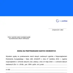 Formularz zgody na przetwarzanie danych osobowych, zawierający pole na imię i nazwisko, miejscowość i datę.