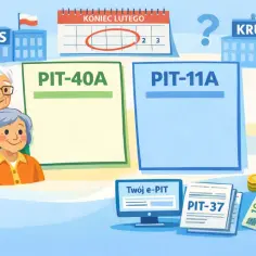 Emeryci przed PIT-40A i PIT-11A. Kalendarz wskazuje koniec lutego. ZUS i KRUS obok.