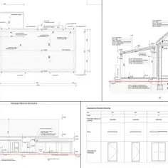 Projekt architektoniczno budowlany: przekrój i elewacje budynku z detalami konstrukcyjnymi, zestawienie stolarki okiennej.