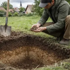 Mężczyzna bada ziemię na działce budowlanej. Obok łopata i wykop.