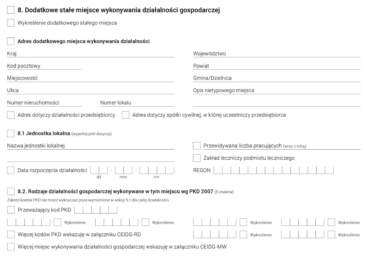 Formularz CEIDG: sekcja 8. Dodatkowe stałe miejsce wykonywania działalności gospodarczej. Tu dowiesz się, jak założyć własną działalność, podając adres i kody PKD.