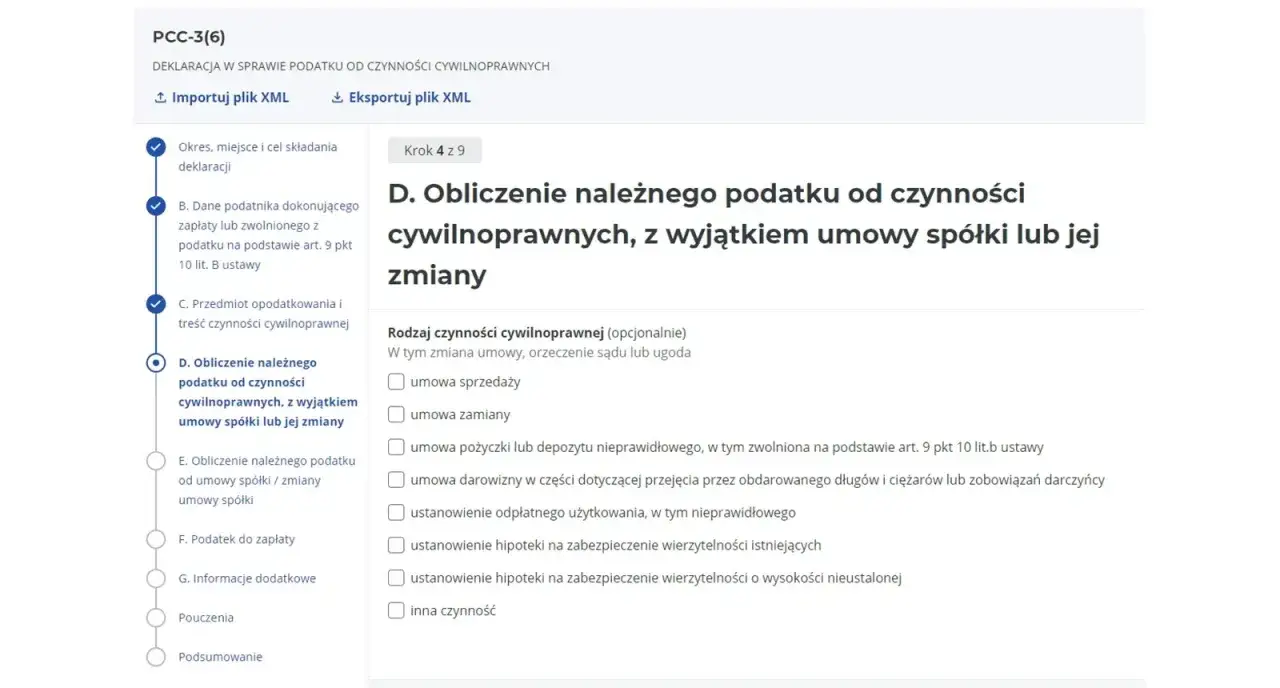 Formularz PCC-3(6) - obliczenie podatku od czynności cywilnoprawnych. Czy do PCC trzeba dołączyć umowę? Tutaj wybierasz rodzaj czynności.