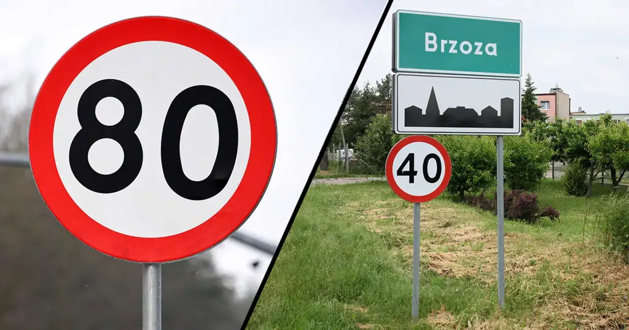 Znak ograniczenia prędkości 80 km/h i znak miejscowości Brzoza z ograniczeniem 40 km/h. Nie ma minimalna prędkość na autostradzie.