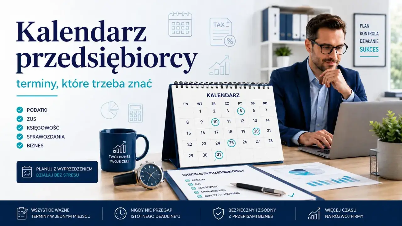 Przedsiębiorca planuje pracę na laptopie, korzystając z kalendarza z zaznaczonymi terminami. W tle lista zadań: podatki, ZUS, księgowość.