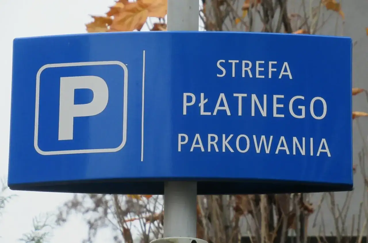 Niebieski znak informuje o wjeździe do strefy płatnego parkowania. Litera 