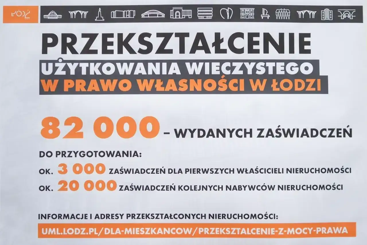 Przekształcenie użytkowania wieczystego we własność w Łodzi: wydano 82 000 zaświadczeń. Informacje na uml.lodz.pl.