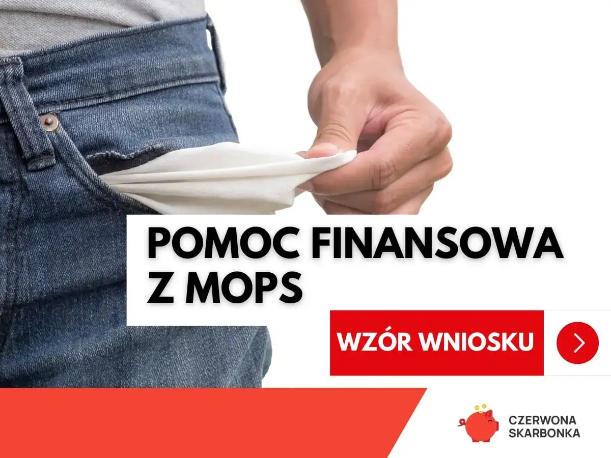 Pusta kieszeń dżinsów symbolizuje potrzebę wsparcia. MOPS oferuje pomoc finansową, w tym zasiłek okresowy. Wzór wniosku dostępny.