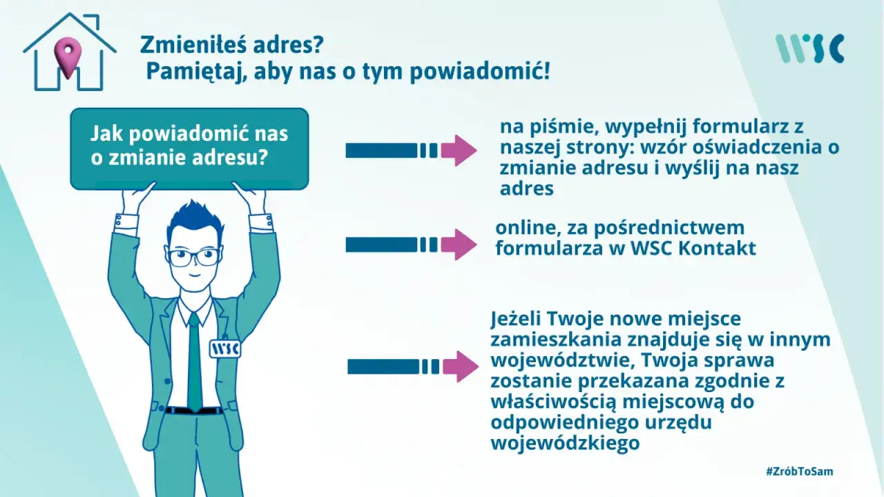 Zmieniłeś adres zamieszkania? Dowiedz się, jak nas powiadomić pisemnie lub online. WSC pomoże Ci w tej sprawie.