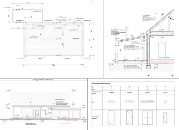 Projekt architektoniczno budowlany: przekrój i elewacje budynku z detalami konstrukcyjnymi, zestawienie stolarki okiennej.