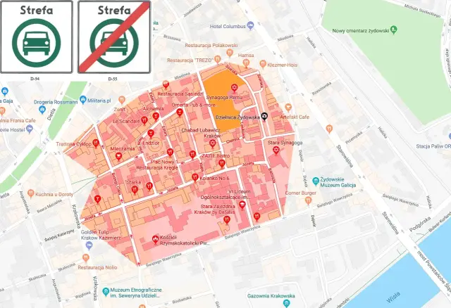 Mapa Krakowa z zaznaczoną strefą czystego transportu. Wskazuje, jakie auta mogą wjechać do centrum.